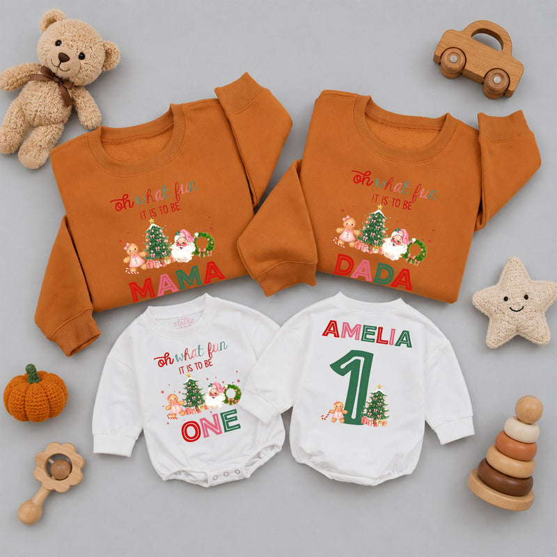 Oh What Fun It Is to Be One Baby Romper and Matching Family Christmas Sweatshirts with Custom Names, Holiday Outfits for Photos