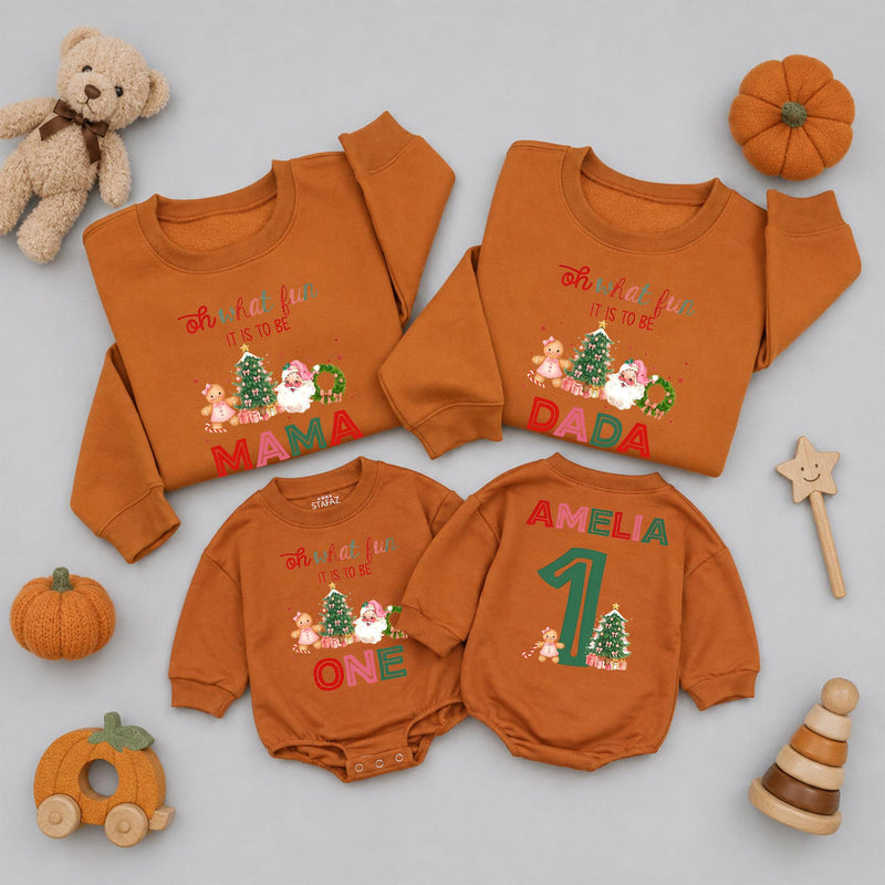 Oh What Fun It Is to Be One Baby Romper and Matching Family Christmas Sweatshirts with Custom Names, Holiday Outfits for Photos