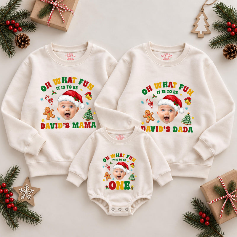Oh What Fun It Is to Be One Christmas Shirts with Santa Hat Artwork, Matching Family 1st Birthday Outfit, Custom Name Sweatshirts
