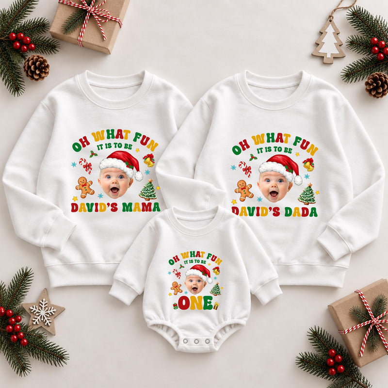 Oh What Fun It Is to Be One Christmas Shirts with Santa Hat Artwork, Matching Family 1st Birthday Outfit, Custom Name Sweatshirts
