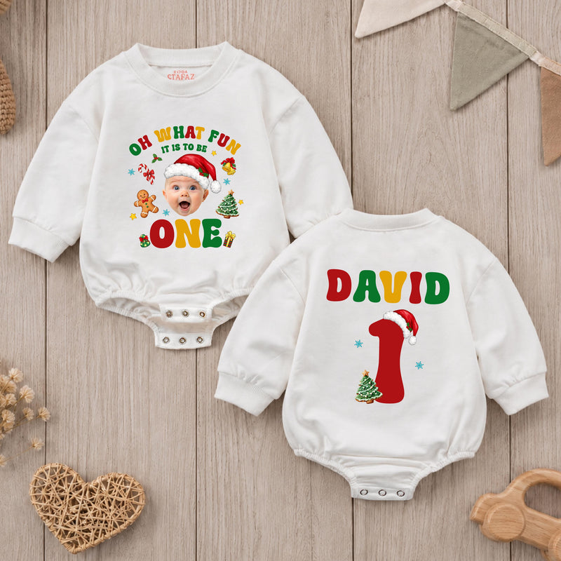 Oh What Fun It Is to Be One Christmas Shirts with Santa Hat Artwork, Matching Family 1st Birthday Outfit, Custom Name Sweatshirts
