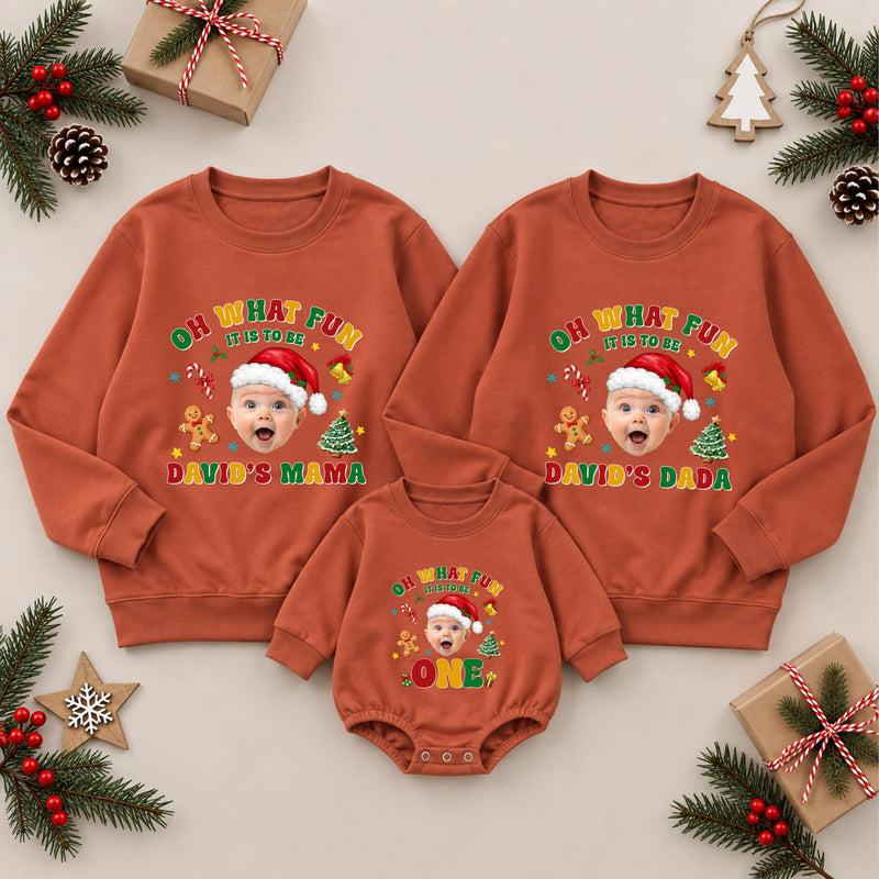Oh What Fun It Is to Be One Christmas Shirts with Santa Hat Artwork, Matching Family 1st Birthday Outfit, Custom Name Sweatshirts
