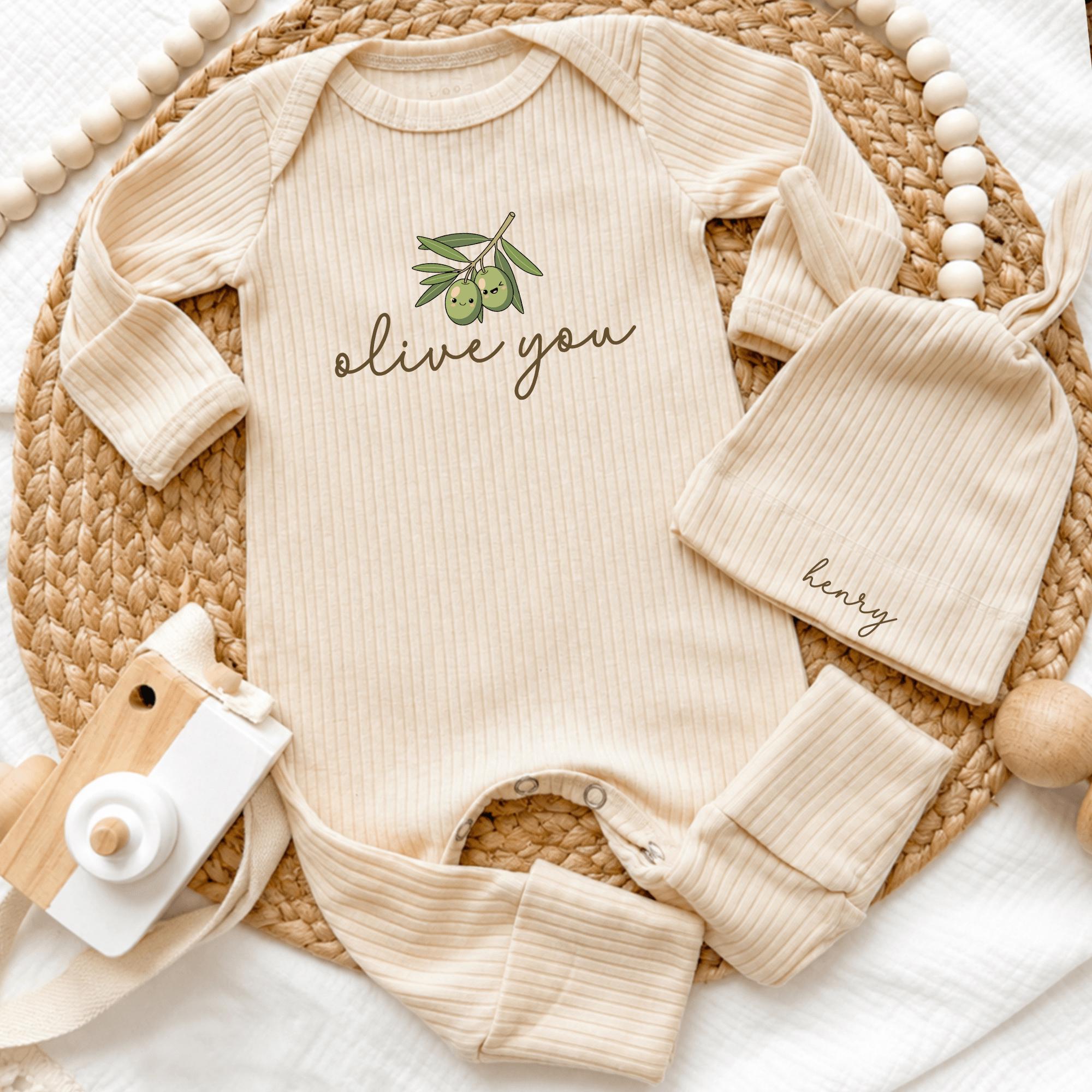 Olive You Baby Bodysuit and Hat Set with Custom Name, Cute Foodie Newborn Coming Home Outfit, Funny Pun Baby Shower Gift