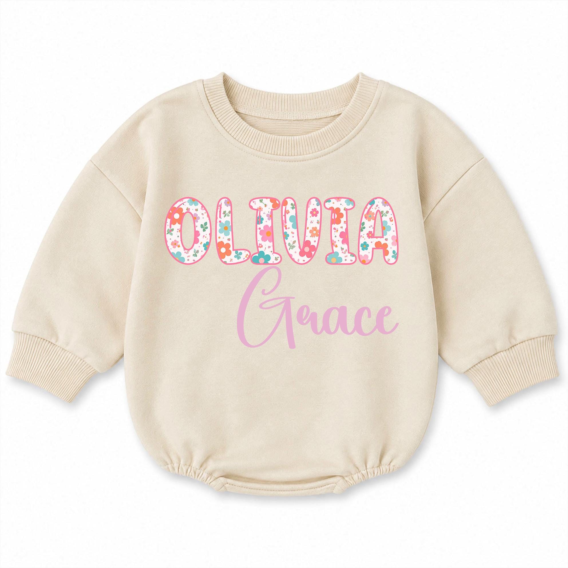 Olivia Grace Floral Name Baby Bubble Romper with Custom Name, Cute Girl Infant Outfit for 1st Birthday Photos and Baby Shower Gift
