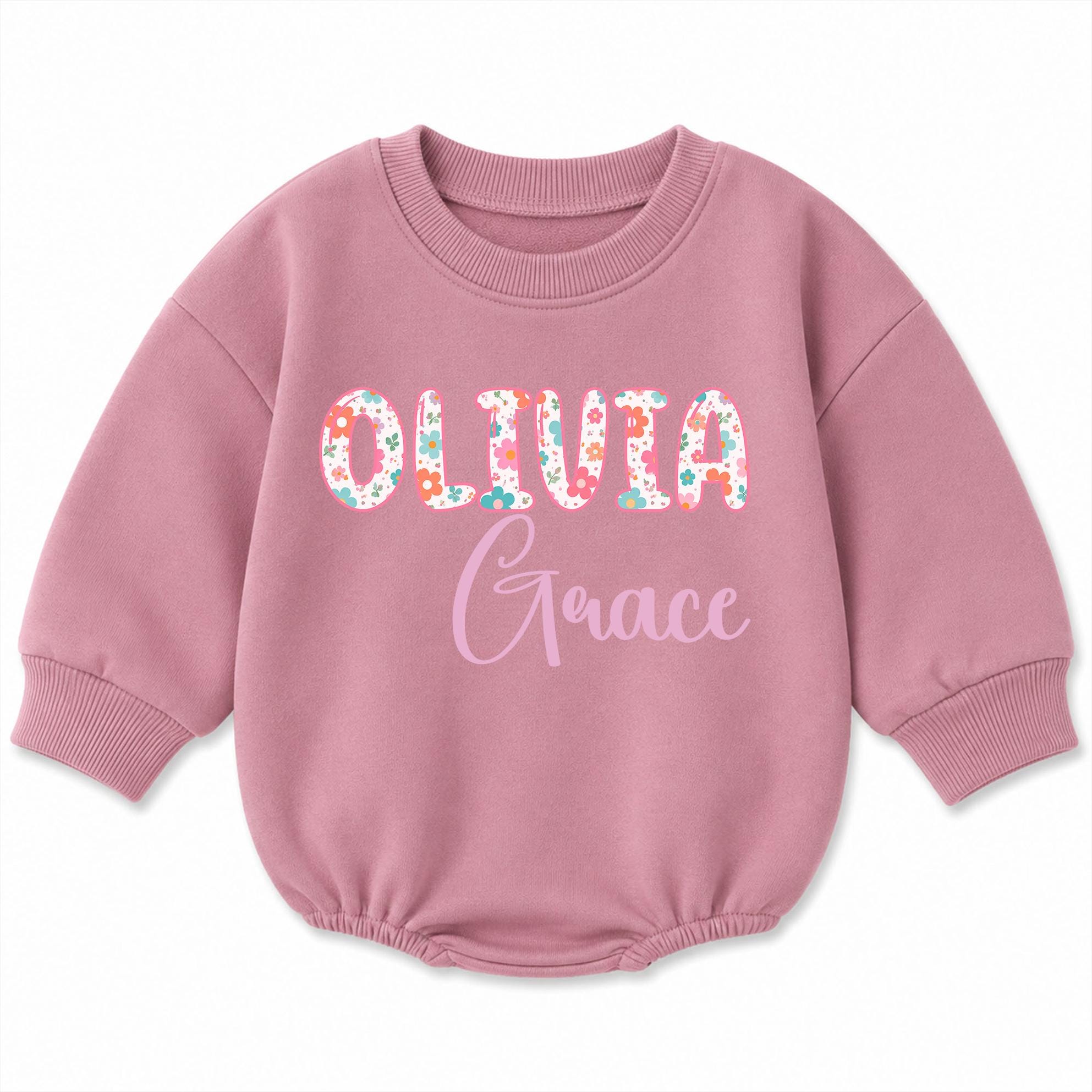 Olivia Grace Floral Name Baby Bubble Romper with Custom Name, Cute Girl Infant Outfit for 1st Birthday Photos and Baby Shower Gift