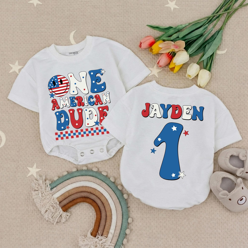 One American Dude Baby Romper, Custom 1st Birthday Outfit, Soft Cotton Fourth of July Party Clothes, Infant Boy Holiday Celebration Gift
