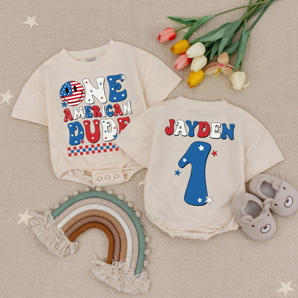 One American Dude Baby Romper, Custom 1st Birthday Outfit, Soft Cotton Fourth of July Party Clothes, Infant Boy Holiday Celebration Gift
