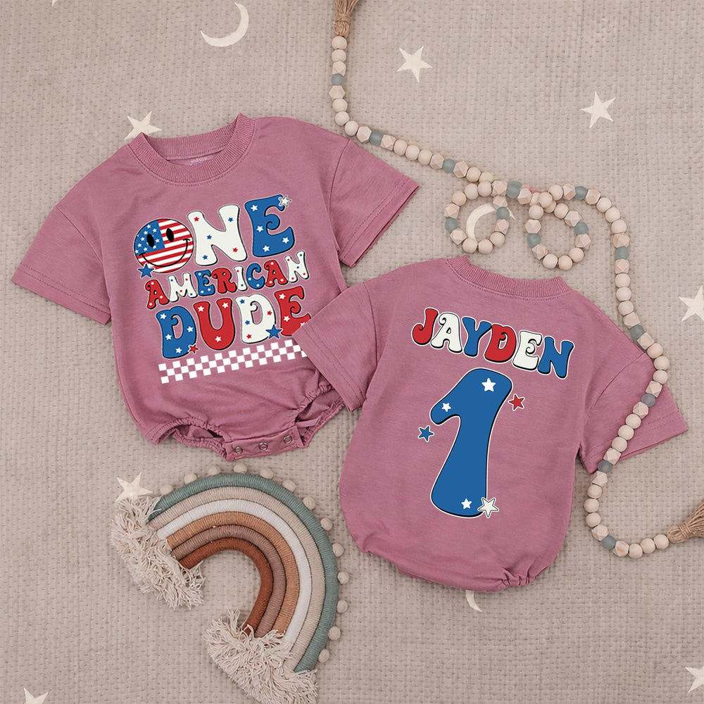 One American Dude Baby Romper, Custom 1st Birthday Outfit, Soft Cotton Fourth of July Party Clothes, Infant Boy Holiday Celebration Gift