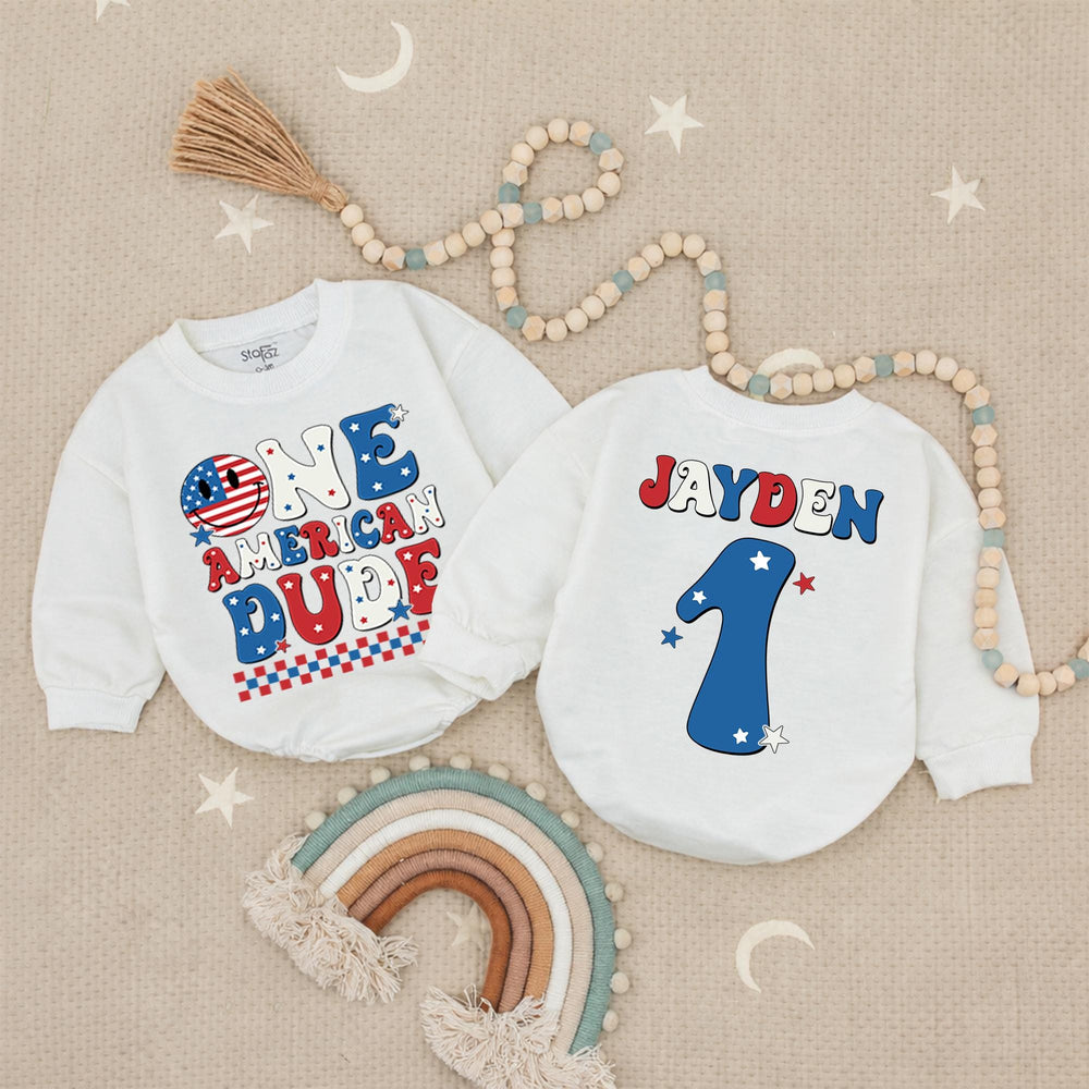One American Dude Baby Romper, Custom 1st Birthday Outfit, Soft Cotton Fourth of July Party Clothes, Infant Boy Holiday Celebration Gift