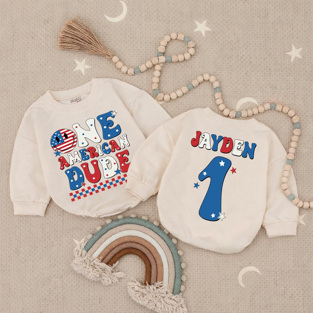 One American Dude Baby Romper, Custom 1st Birthday Outfit, Soft Cotton Fourth of July Party Clothes, Infant Boy Holiday Celebration Gift
