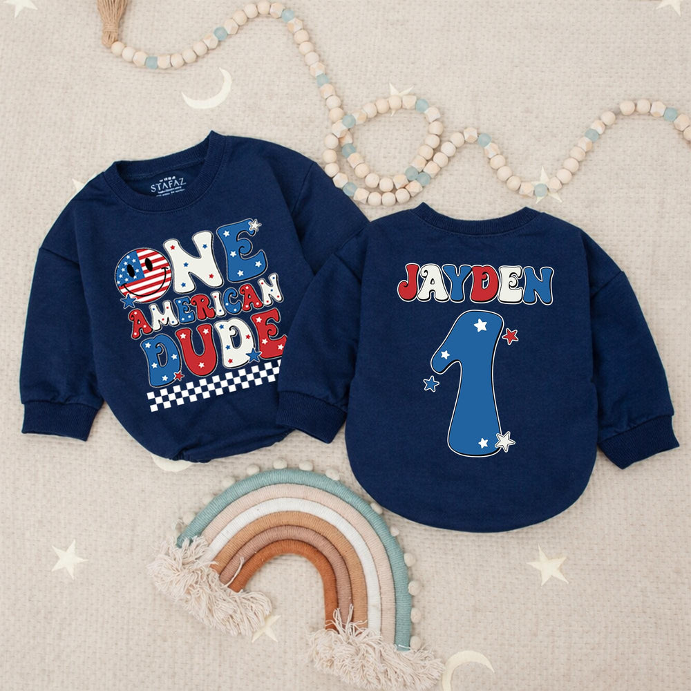 One American Dude Baby Romper, Custom 1st Birthday Outfit, Soft Cotton Fourth of July Party Clothes, Infant Boy Holiday Celebration Gift