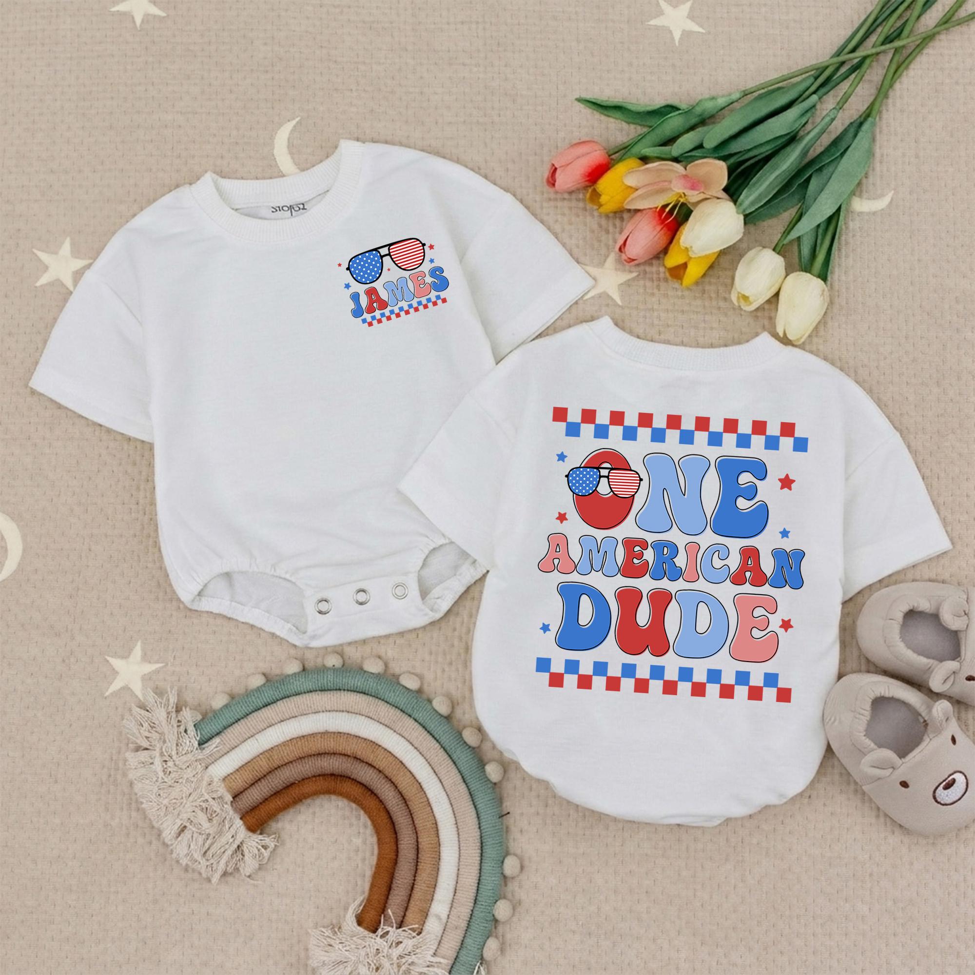 One American Dude Baby Romper with Red, White & Blue Graphic, Personalized 1st Birthday Outfit for Boys, 4th of July Theme