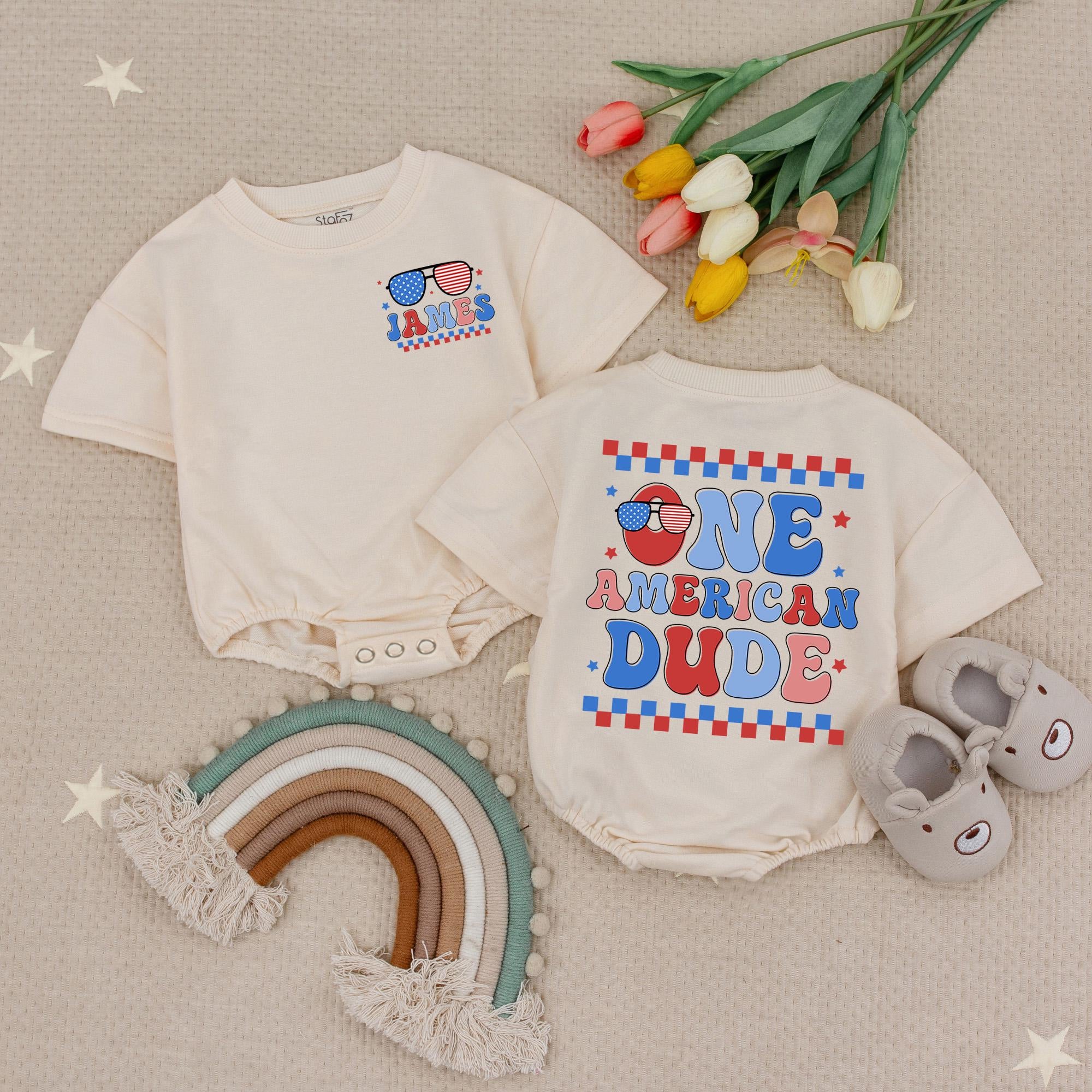 One American Dude Baby Romper with Red, White & Blue Graphic, Personalized 1st Birthday Outfit for Boys, 4th of July Theme