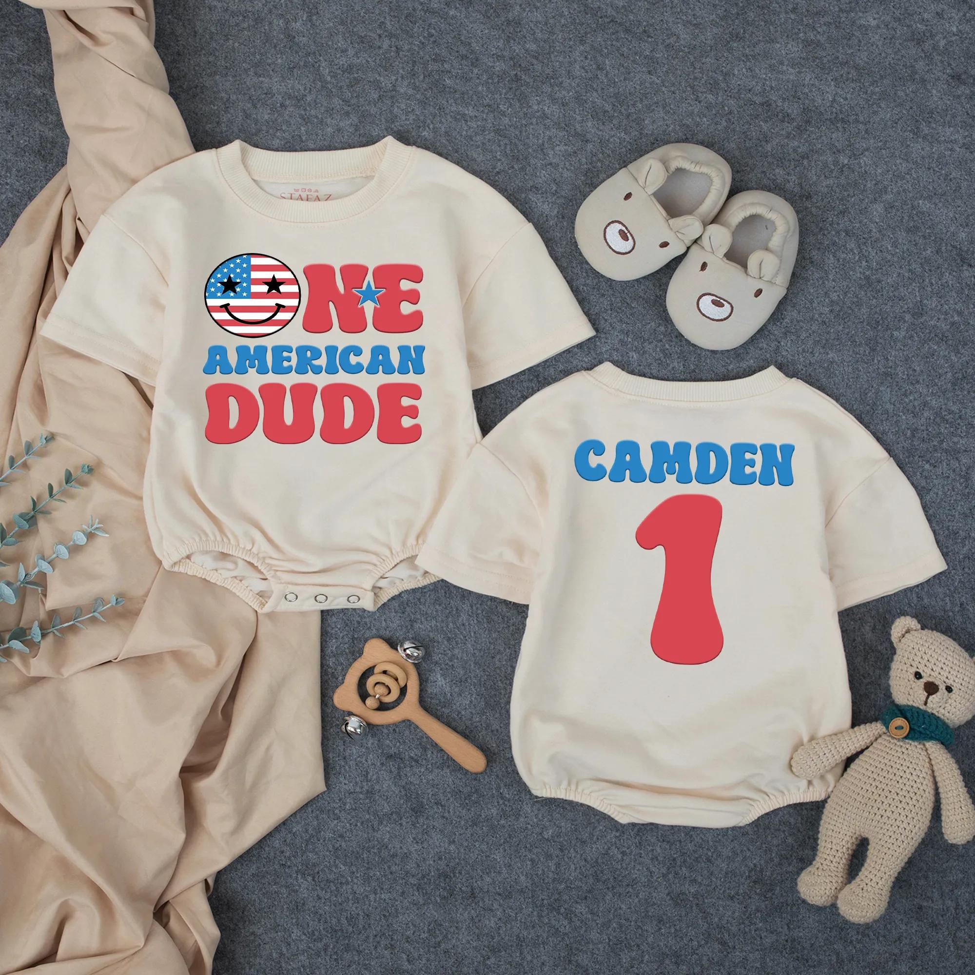 One American Dude First Birthday Outfit Personalized Baby Boy Patriotic Romper 4th of July Cake Smash Red White Blue Festive Design