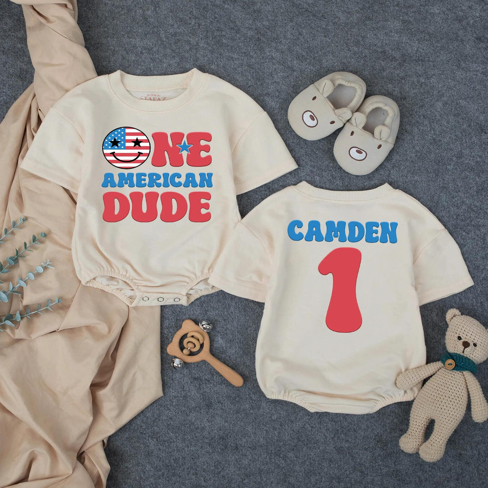 One American Dude First Birthday Outfit Personalized Baby Boy Patriotic Romper 4th of July Cake Smash Red White Blue Festive Design
