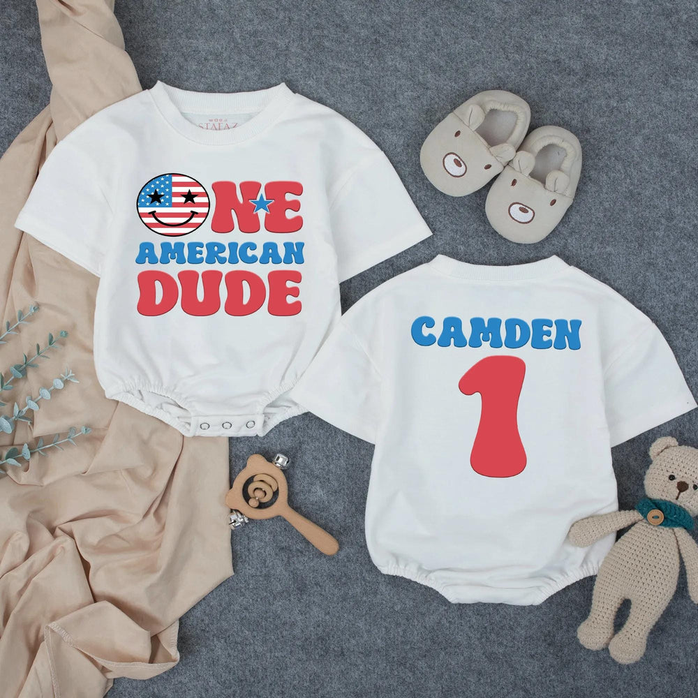 One American Dude First Birthday Outfit Personalized Baby Boy Patriotic Romper 4th of July Cake Smash Red White Blue Festive Design