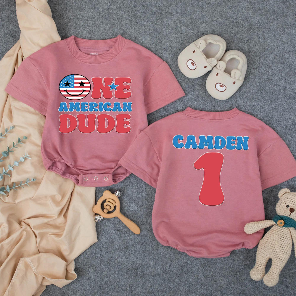 One American Dude First Birthday Outfit Personalized Baby Boy Patriotic Romper 4th of July Cake Smash Red White Blue Festive Design