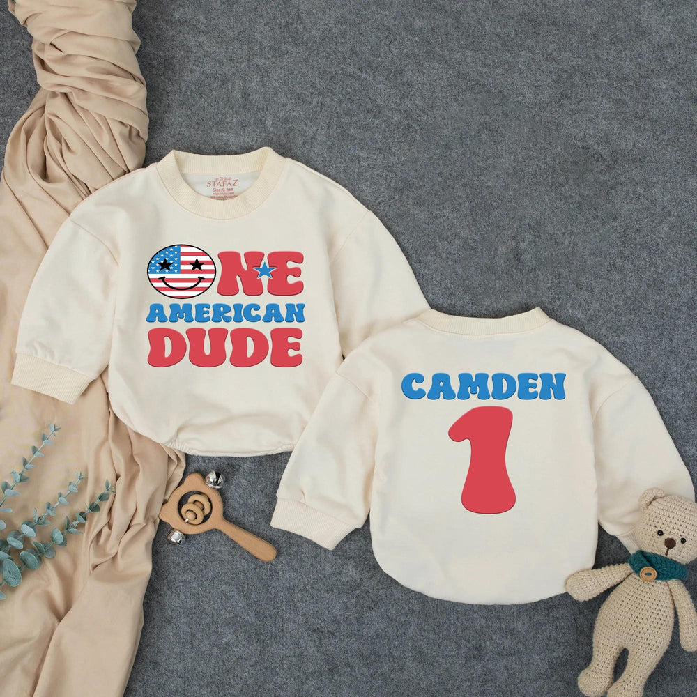 One American Dude First Birthday Outfit Personalized Baby Boy Patriotic Romper 4th of July Cake Smash Red White Blue Festive Design