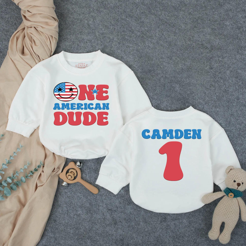 One American Dude First Birthday Outfit Personalized Baby Boy Patriotic Romper 4th of July Cake Smash Red White Blue Festive Design
