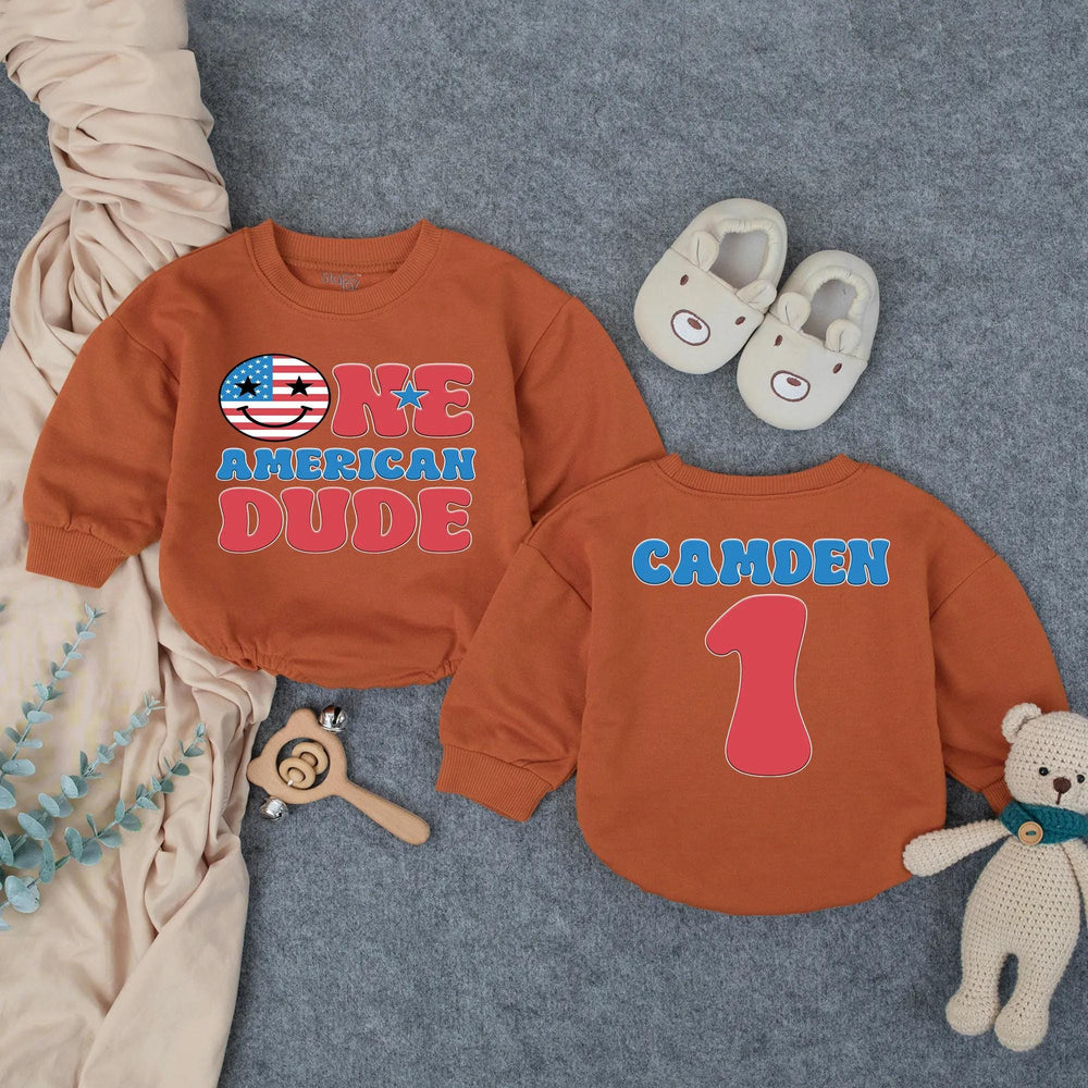 One American Dude First Birthday Outfit Personalized Baby Boy Patriotic Romper 4th of July Cake Smash Red White Blue Festive Design