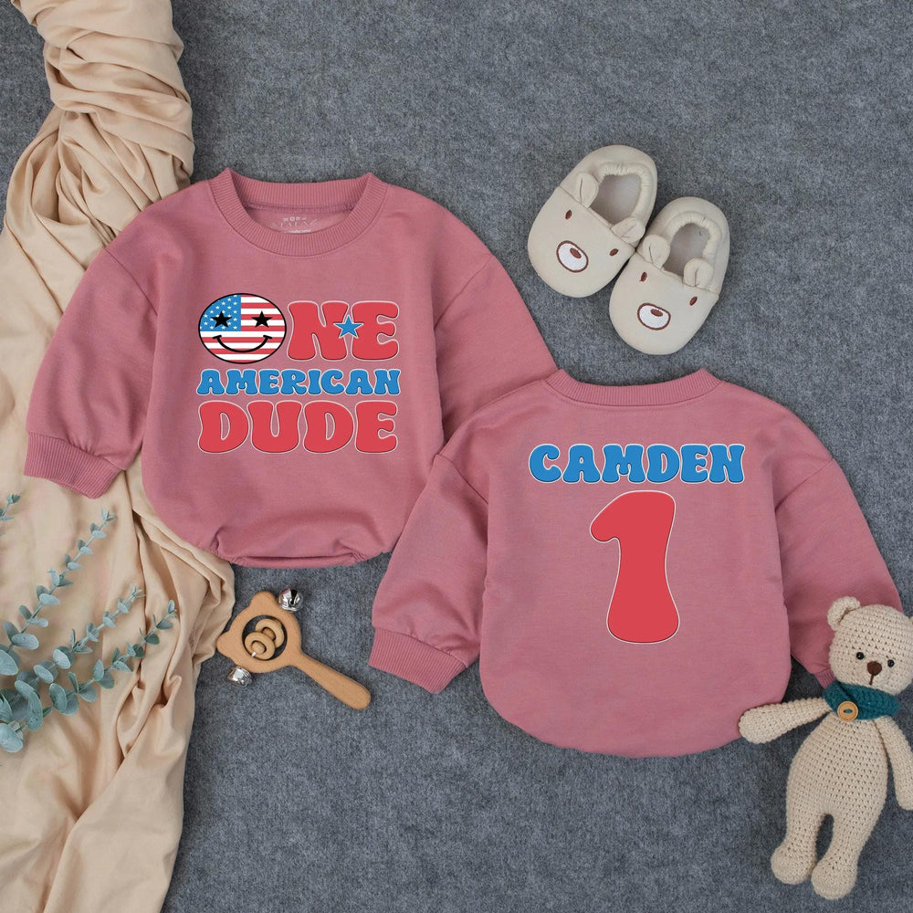 One American Dude First Birthday Outfit Personalized Baby Boy Patriotic Romper 4th of July Cake Smash Red White Blue Festive Design