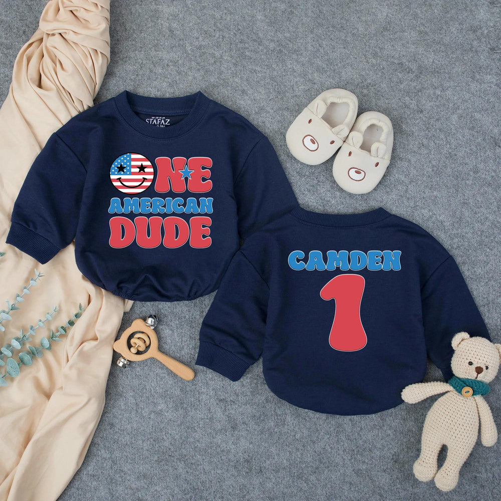 One American Dude First Birthday Outfit Personalized Baby Boy Patriotic Romper 4th of July Cake Smash Red White Blue Festive Design