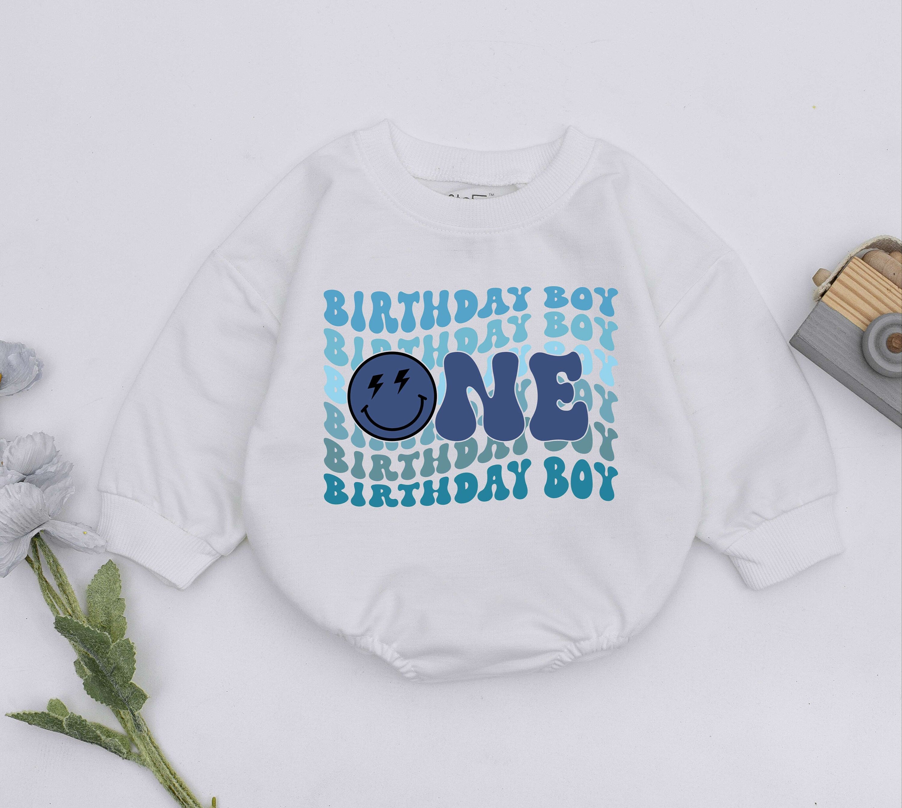One Birthday Boy Romper with Smiley Face First Birthday Baby Outfit Blue Design Soft Cotton Infant Clothes Gift Newborn Boys