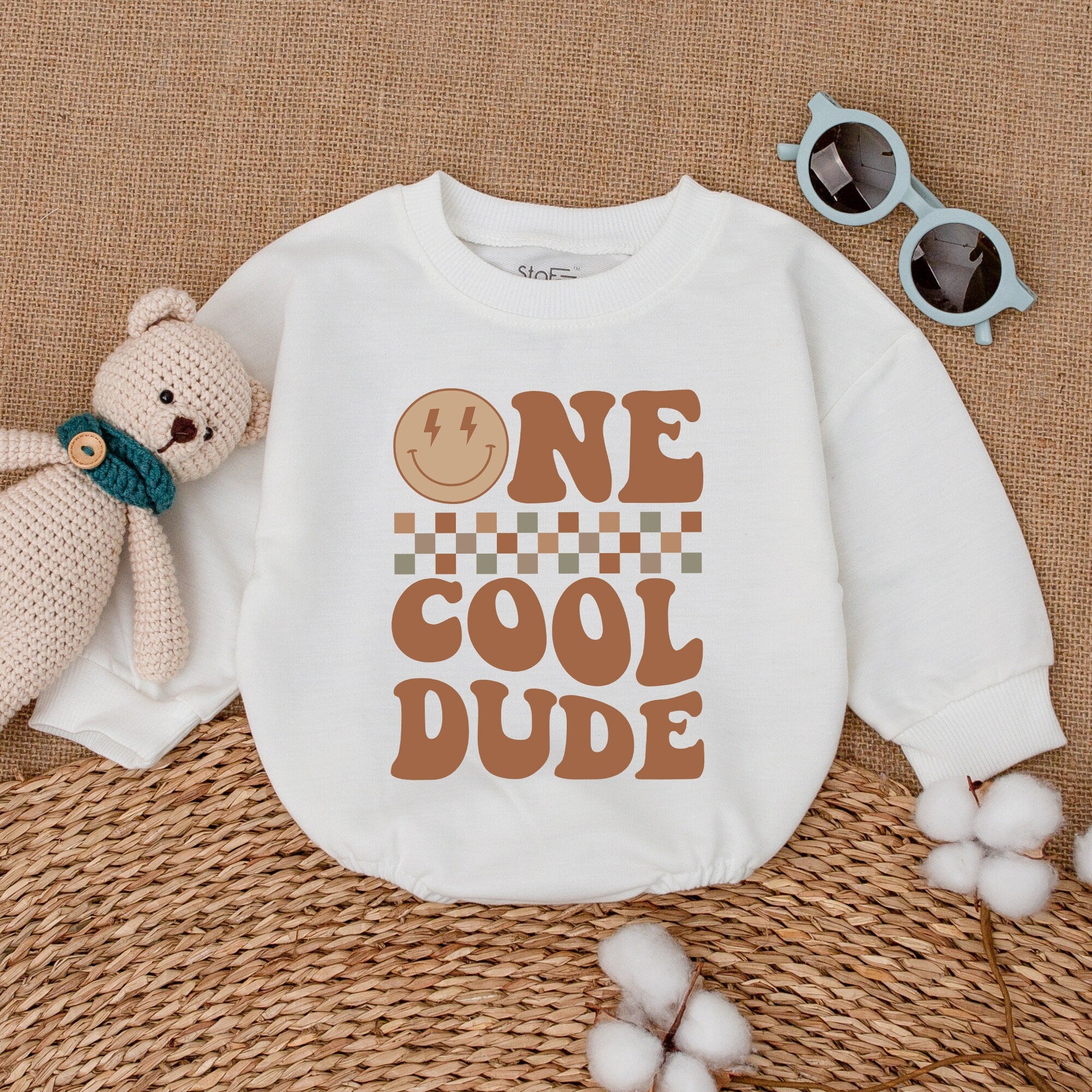 One Cool Dude Baby Romper with Retro Smiley Face Lightning Eyes Vintage Birthday Outfit Soft Cotton Newborn Cake Smash Bodysuit