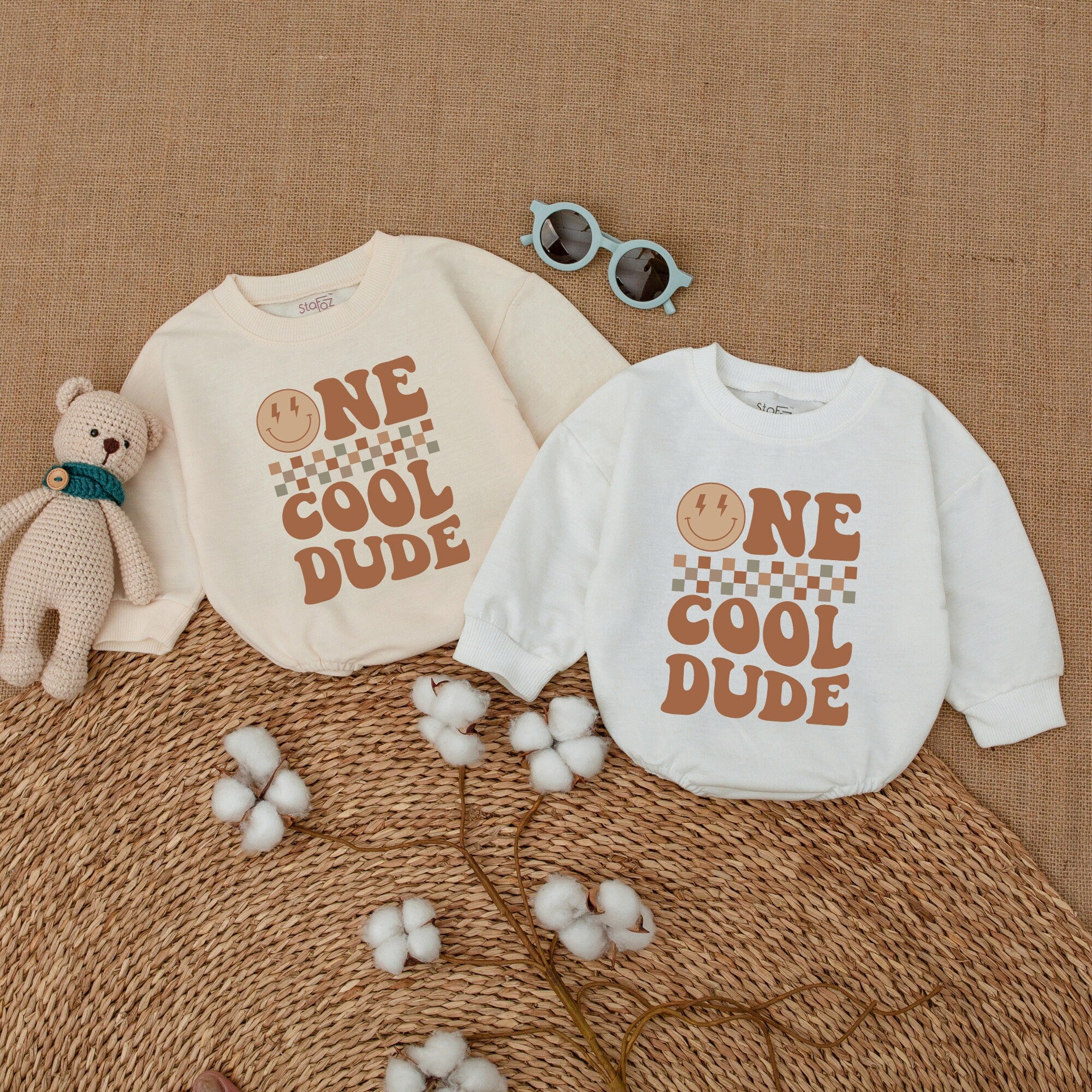 One Cool Dude Baby Romper with Retro Smiley Face Lightning Eyes Vintage Birthday Outfit Soft Cotton Newborn Cake Smash Bodysuit