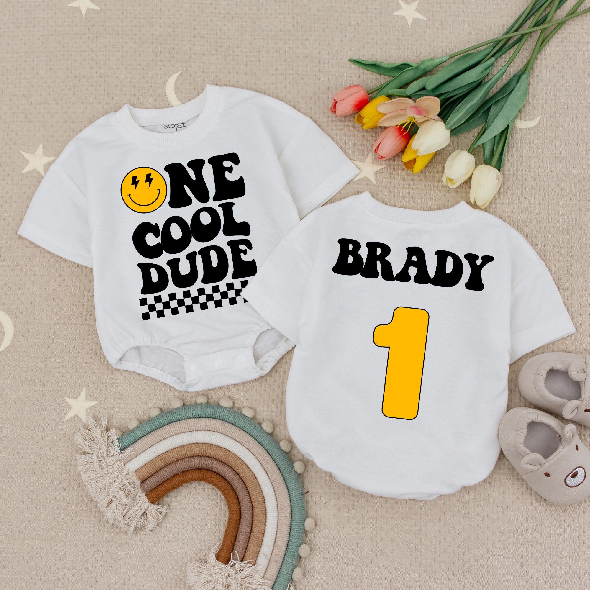 One Cool Dude Baby Romper with Smiley Face and Checkered Design, 1st Birthday Outfit with Custom Name, Toddler Boy Gift Idea