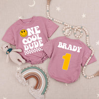 One Cool Dude Baby Romper with Smiley Face and Checkered Design, 1st Birthday Outfit with Custom Name, Toddler Boy Gift Idea