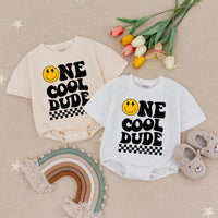 One Cool Dude Baby Romper with Smiley Face and Checkered Design, 1st Birthday Outfit with Custom Name, Toddler Boy Gift Idea
