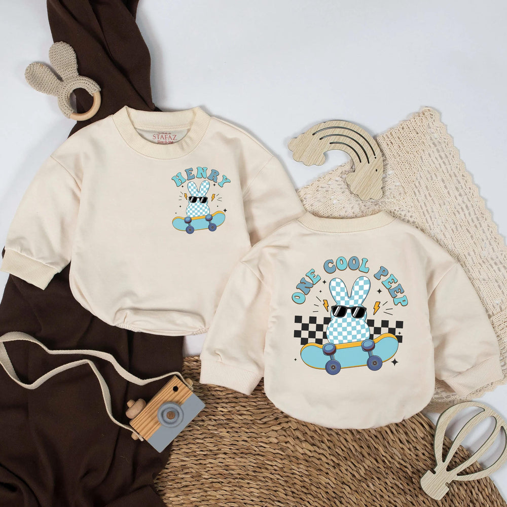 One Cool Peep Easter Romper Personalized Bunny Outfit Baby Bodysuit with Retro Skater Vibe Custom Name First Holiday Gift