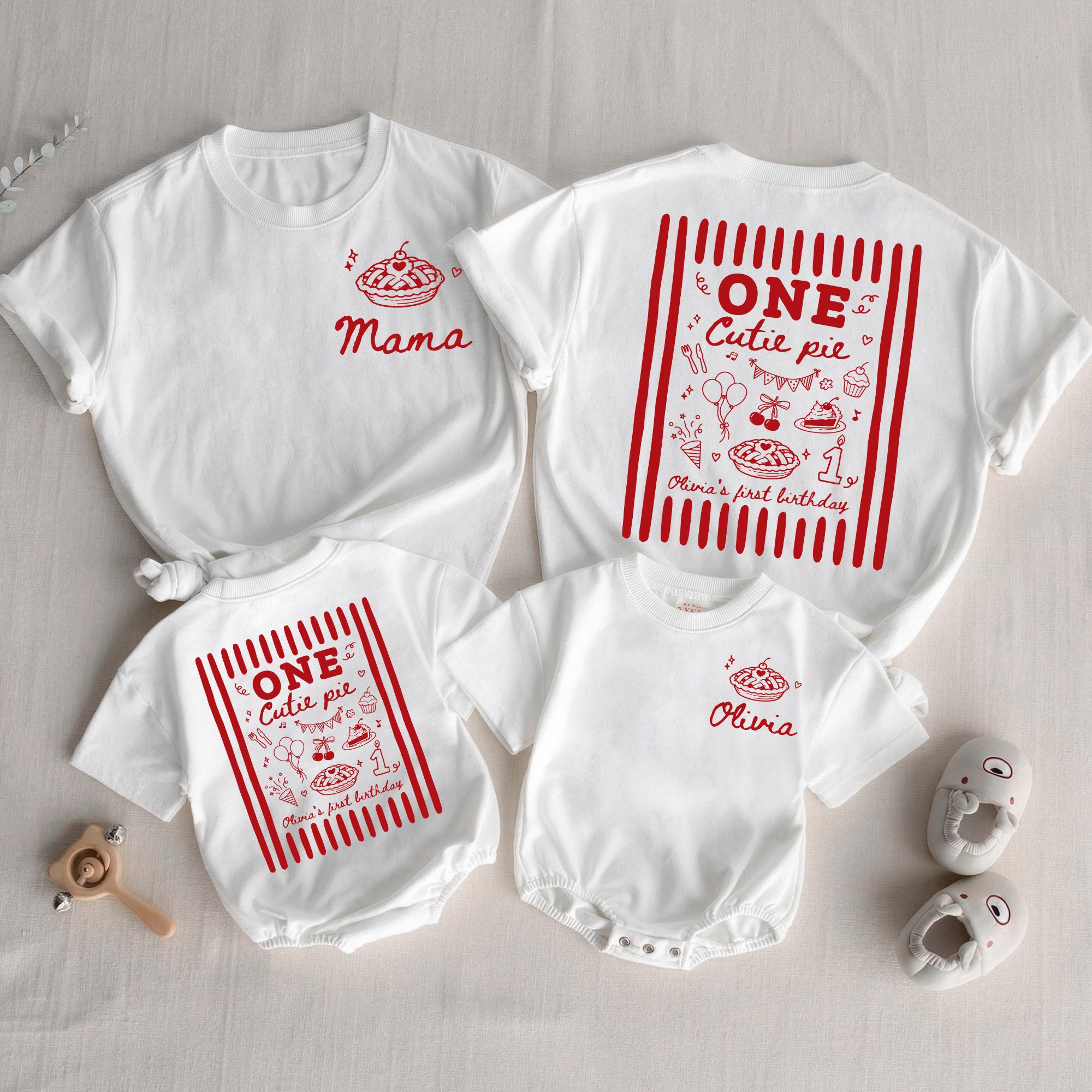 One Cutie Pie Matching Family Shirts and Baby Romper Set, Mama and Baby First Birthday Outfit with Custom Name