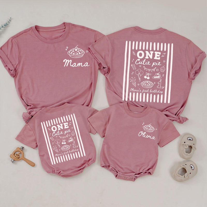 One Cutie Pie Matching Family Shirts and Baby Romper Set, Mama and Baby First Birthday Outfit with Custom Name