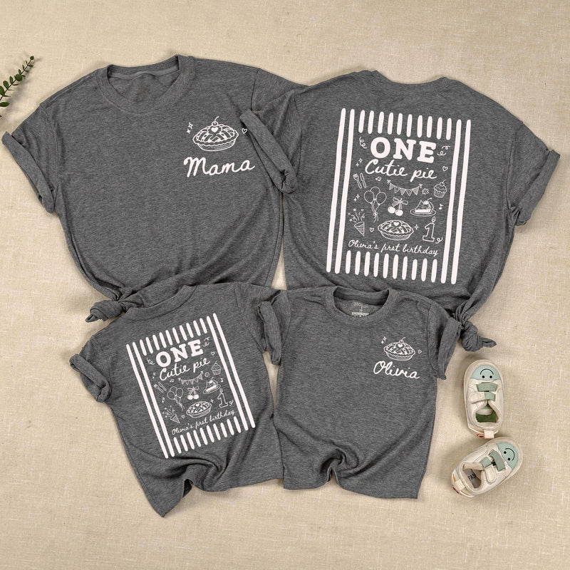 One Cutie Pie Matching Family Shirts and Baby Romper Set, Mama and Baby First Birthday Outfit with Custom Name
