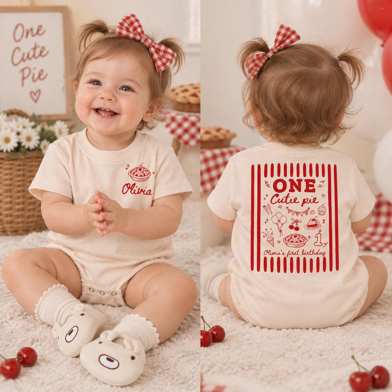 One Cutie Pie Matching Family Shirts and Baby Romper Set, Mama and Baby First Birthday Outfit with Custom Name
