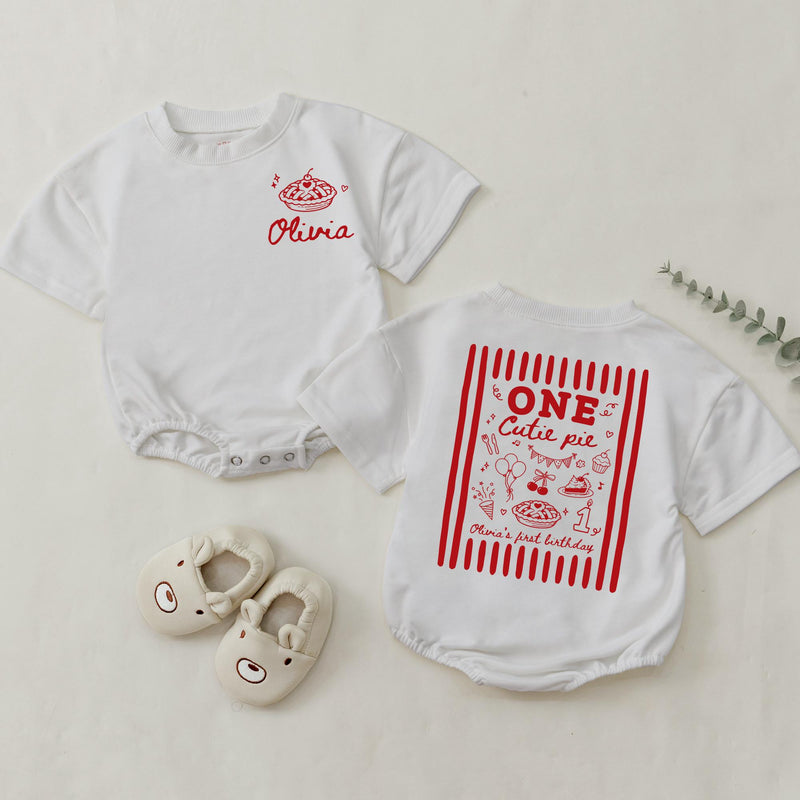 One Cutie Pie Matching Family Shirts and Baby Romper Set, Mama and Baby First Birthday Outfit with Custom Name