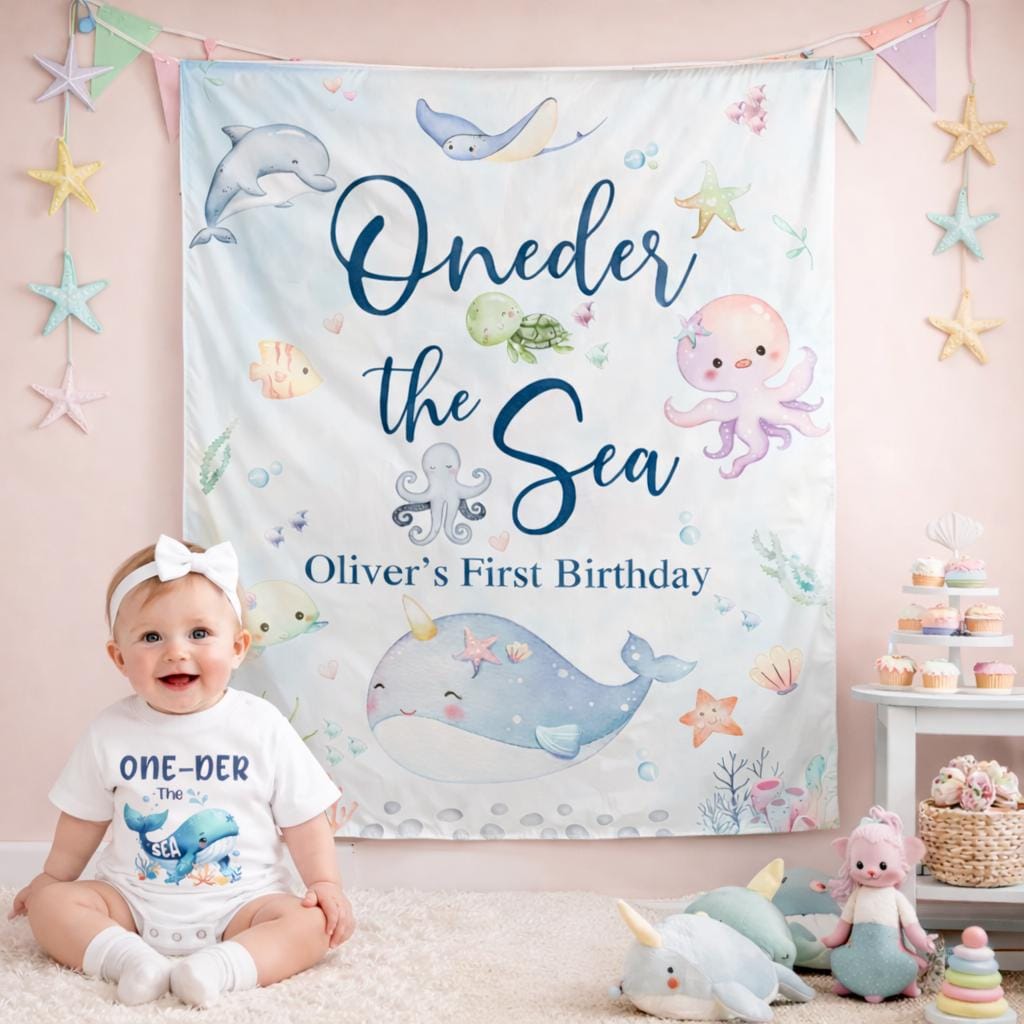 One-der the Sea First Birthday Boy Outfit with Personalized Romper and Silk Banner, Under the Sea Party Decor, Ocean-Themed Celebration Look
