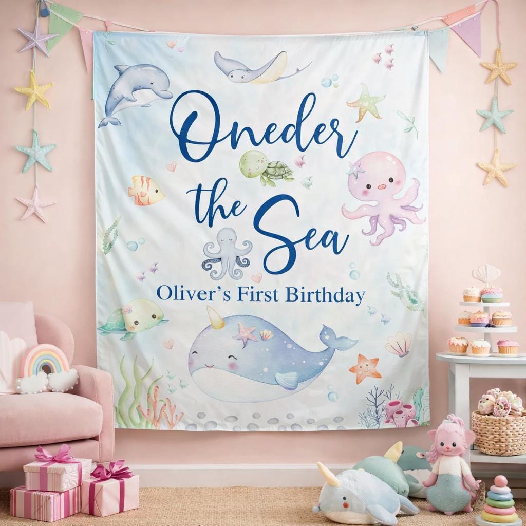 One-der the Sea First Birthday Boy Outfit with Personalized Romper and Silk Banner, Under the Sea Party Decor, Ocean-Themed Celebration Look