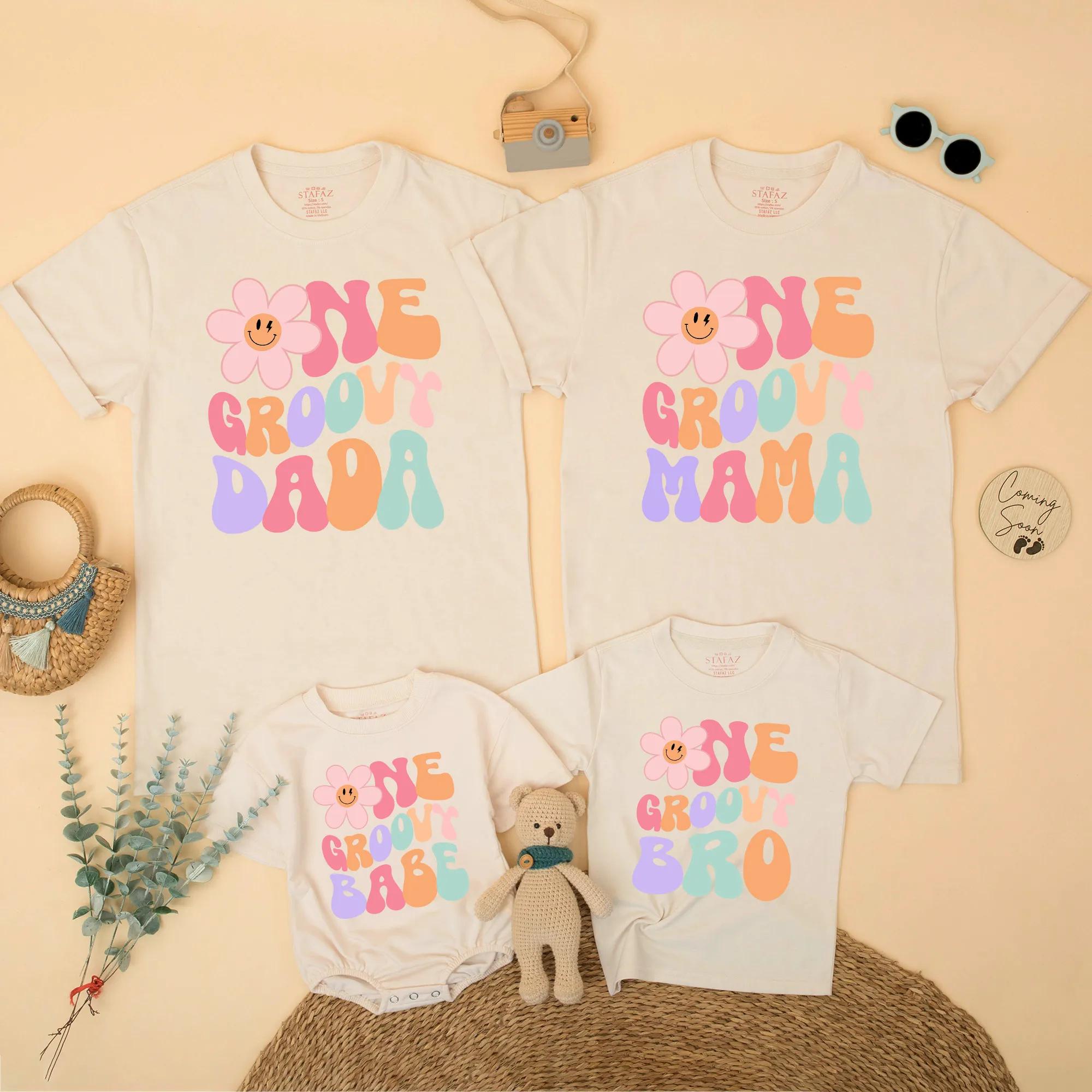 One Groovy Babe Matching Family Shirts Retro 70s Flower Design First Birthday Outfit Smash Cake Party Toddler Baby Girl Custom Cotton Gift