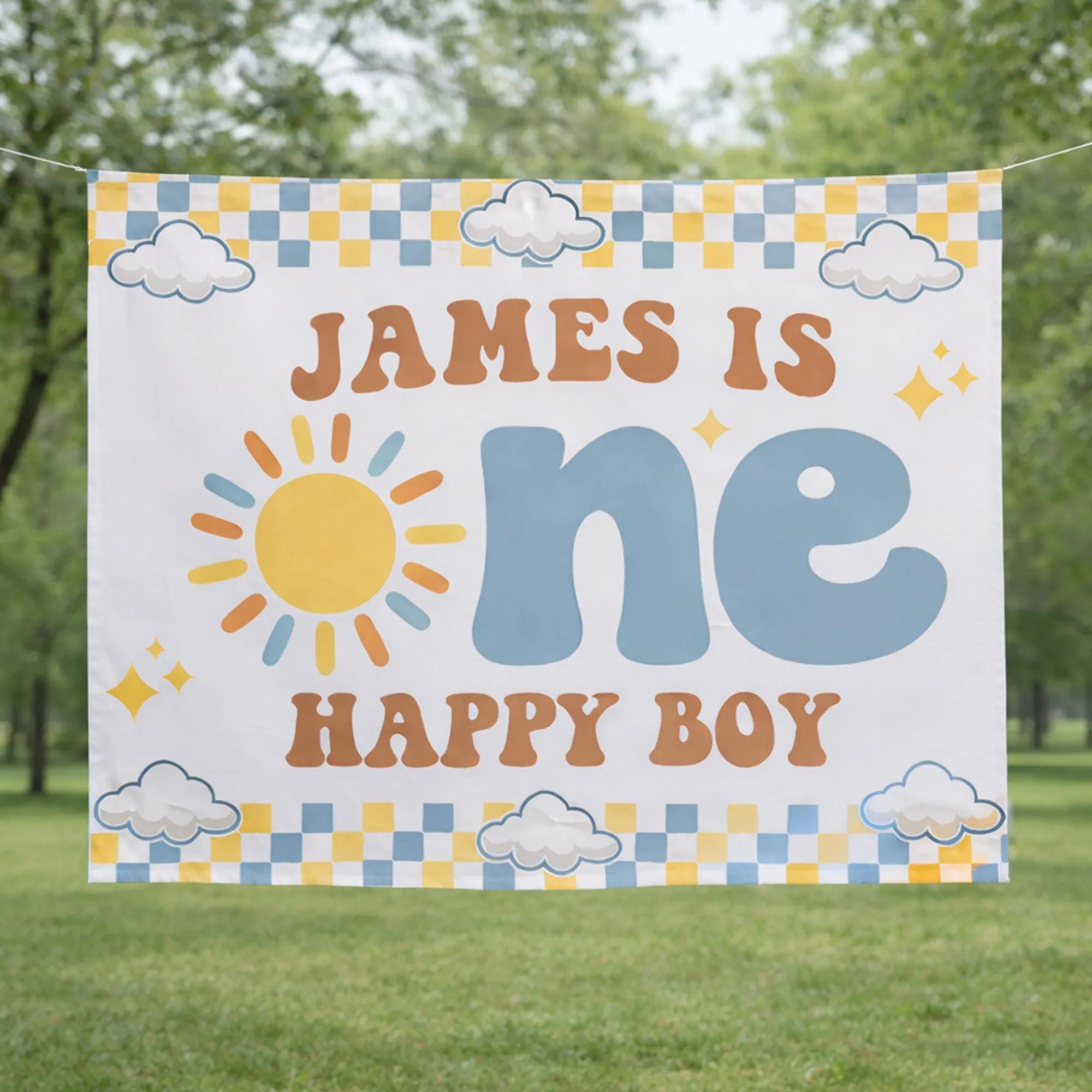 One Happy Boy 1st Birthday Outfit with Retro Sun Graphic Personalized Party Set Light Blue and Yellow Toddler Outfit and Silk Banner