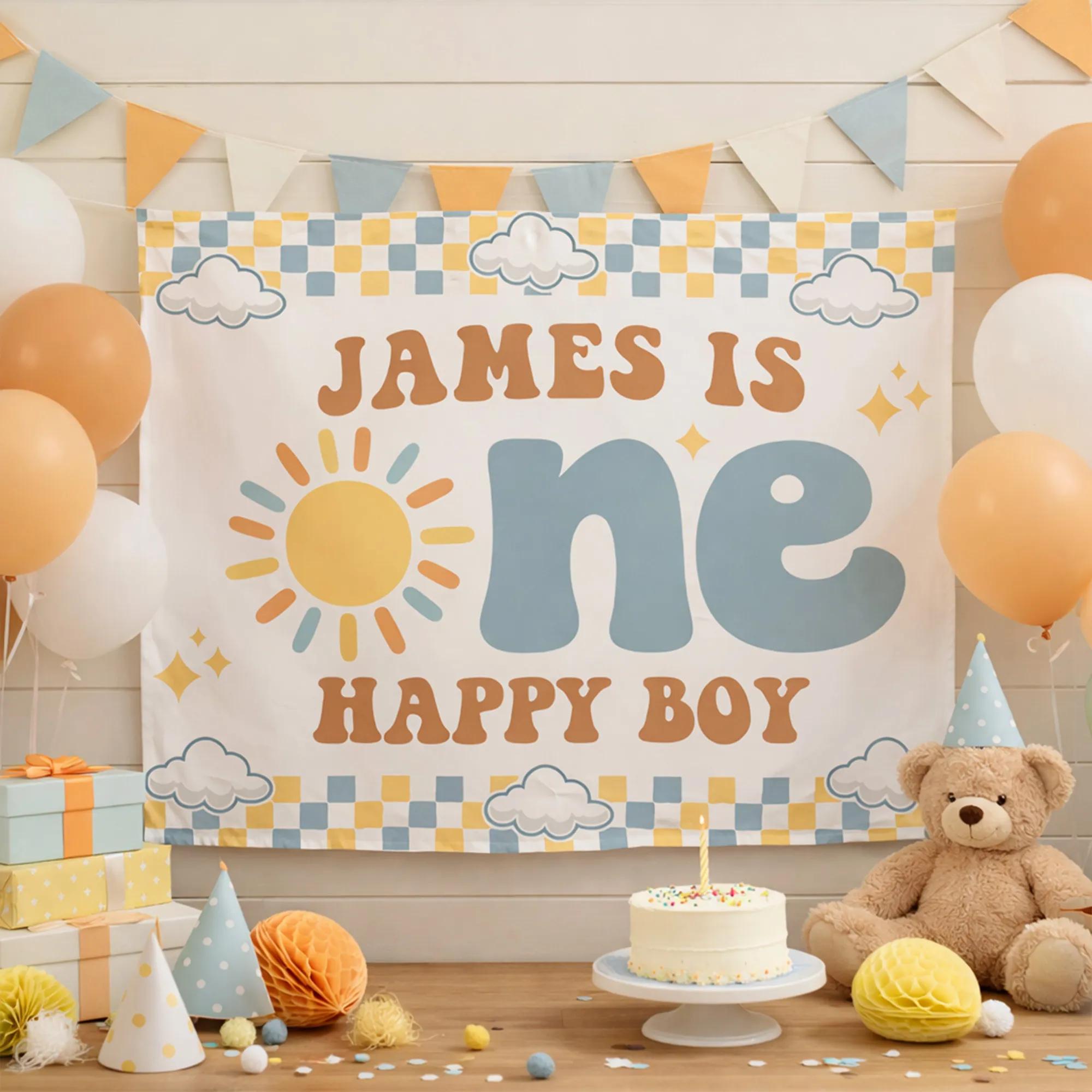 One Happy Boy 1st Birthday Outfit with Retro Sun Graphic Personalized Party Set Light Blue and Yellow Toddler Outfit and Silk Banner
