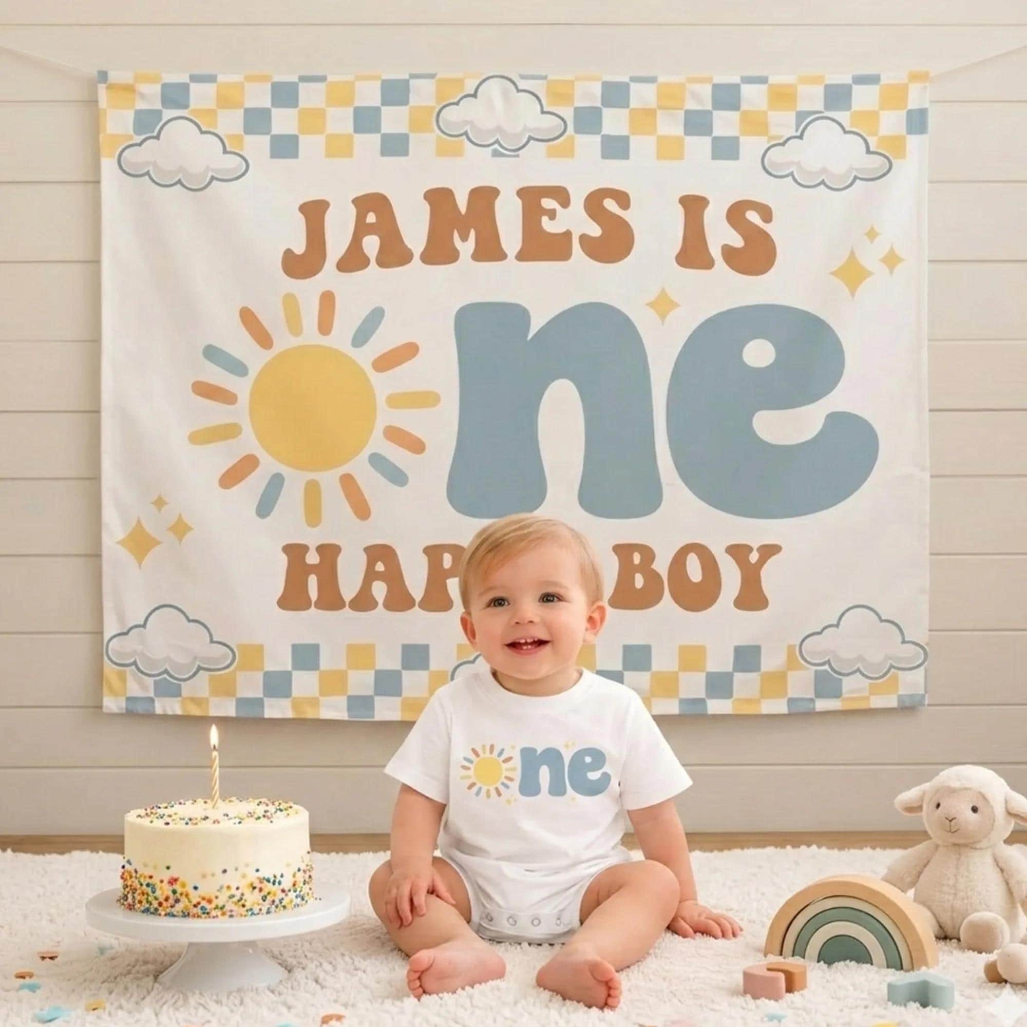 One Happy Boy Birthday Outfit Retro Sun Design with Silk Banner Custom 1st Birthday Party Clothes Personalized Toddler Celebration Gift
