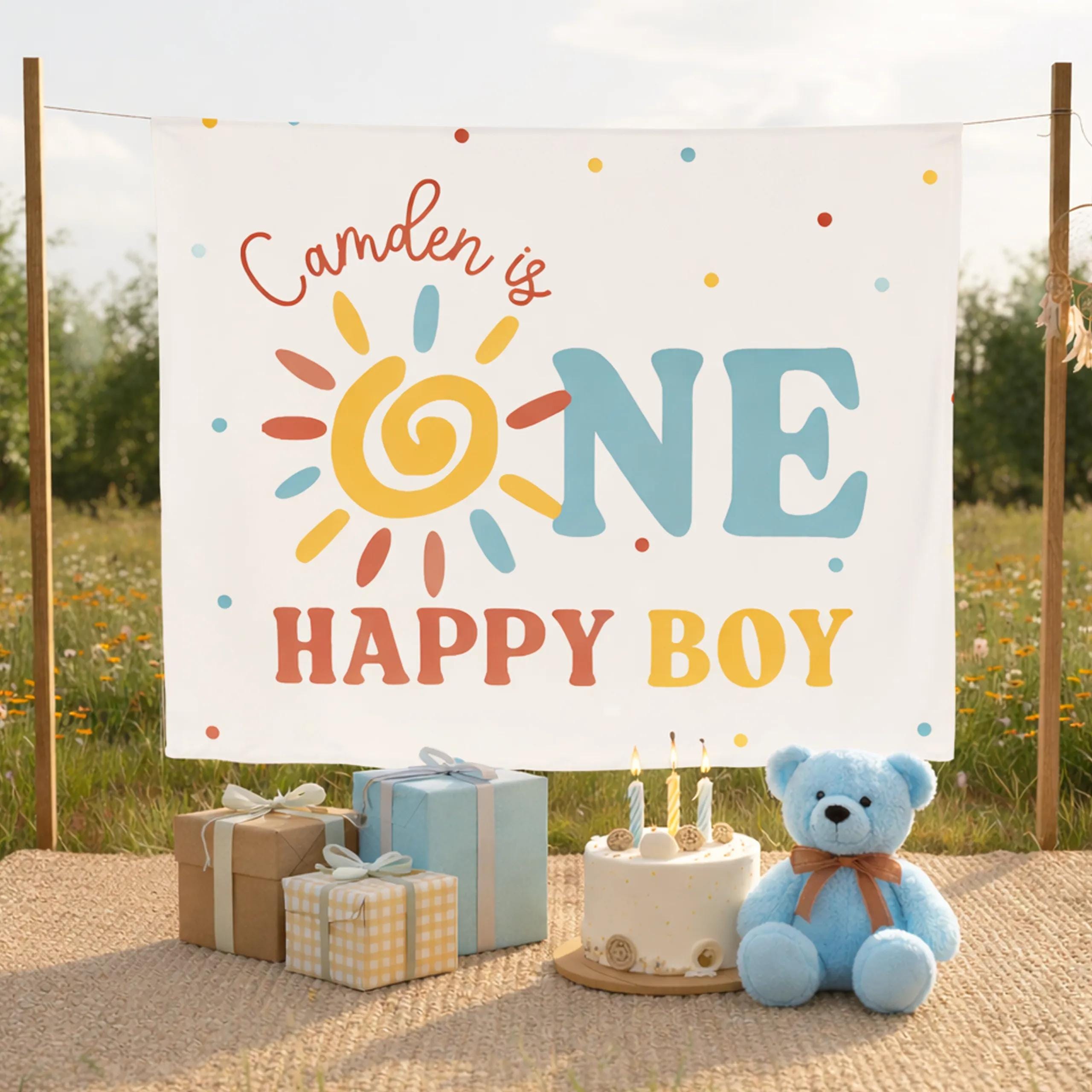 One Happy Boy First Birthday Banner Personalized Party Backdrop Custom Name Sunshine Design with Polka Dots Baby Toddler Celebration Decor