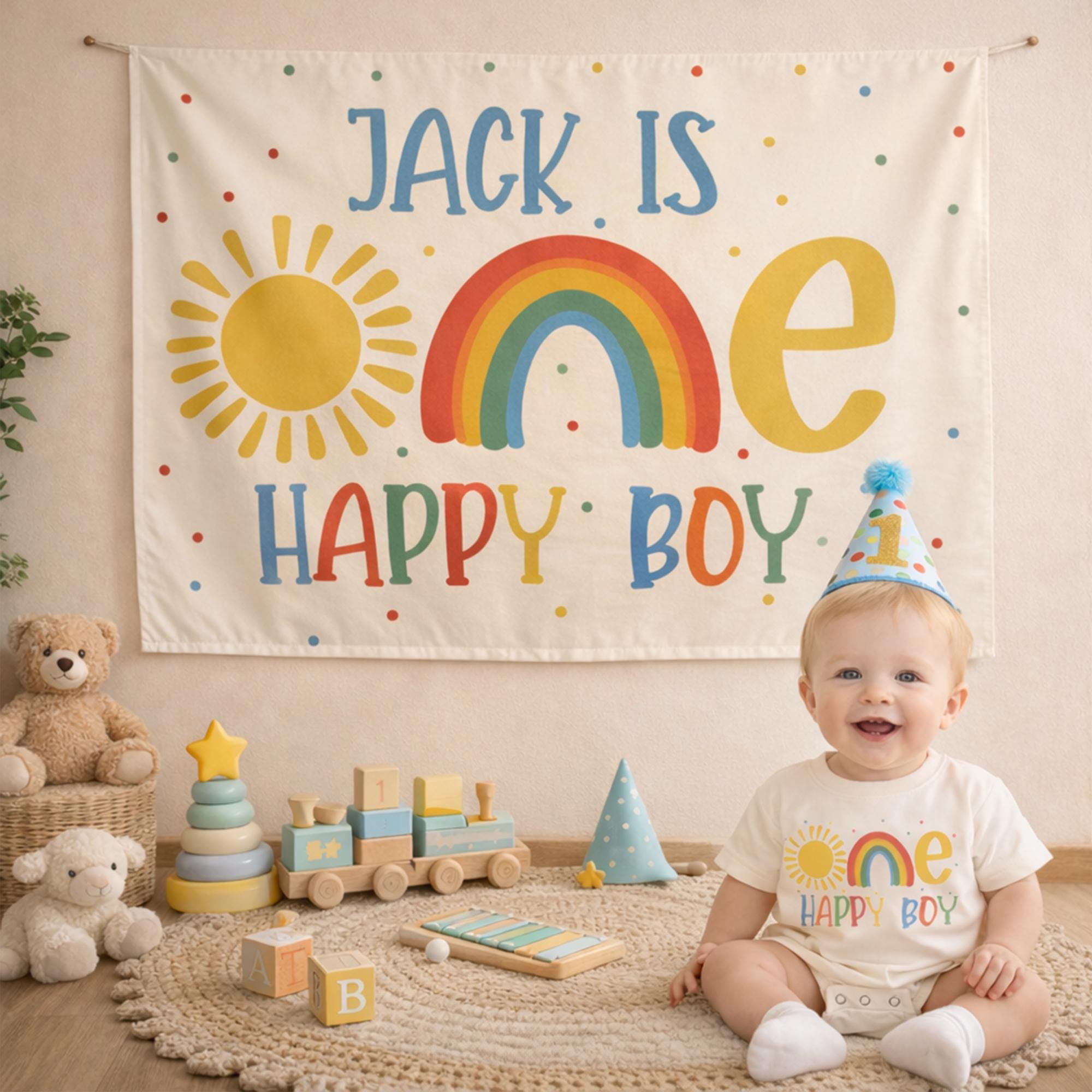 One Happy Boy First Birthday Outfit Personalized Banner Sunshine Rainbow Party Decor Baby Toddler Celebration Gift Bright Colors Fun Design