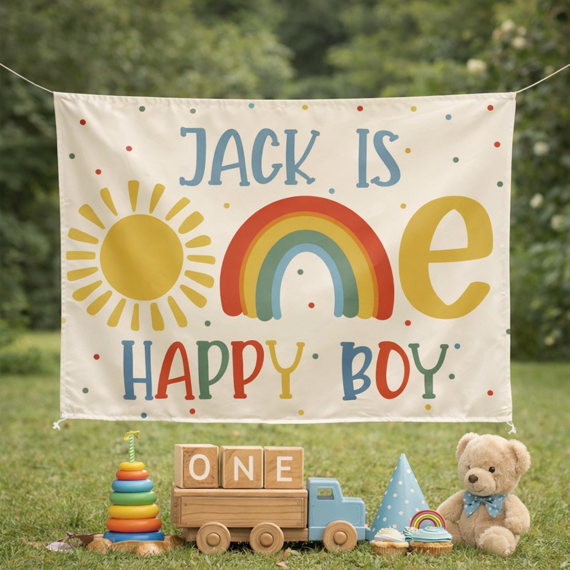 One Happy Boy First Birthday Outfit Personalized Banner Sunshine Rainbow Party Decor Baby Toddler Celebration Gift Bright Colors Fun Design