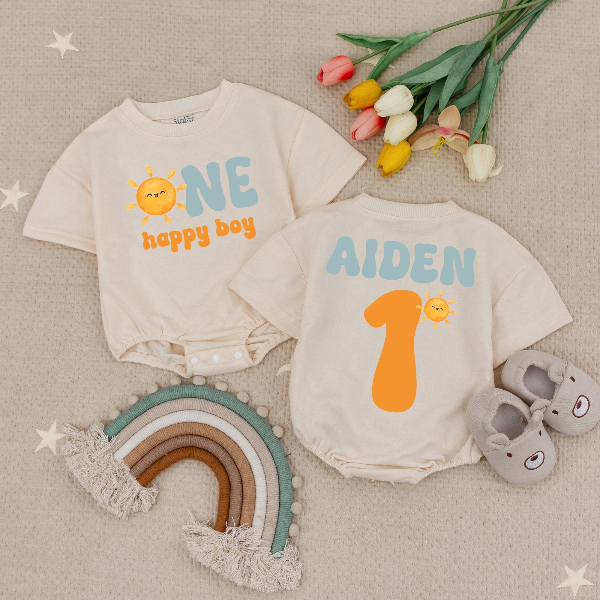 One Happy Boy Sun Baby Romper with Custom Name, Retro 1st Birthday Outfit for Boys, Cake Smash Milestone Romper