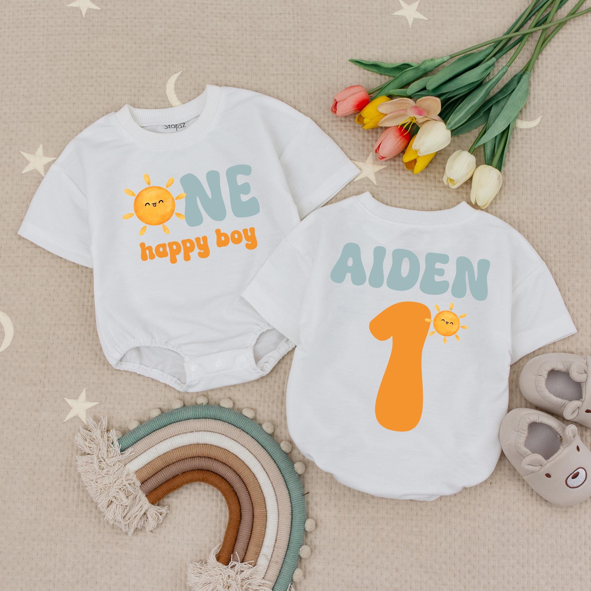 One Happy Boy Sun Baby Romper with Custom Name, Retro 1st Birthday Outfit for Boys, Cake Smash Milestone Romper