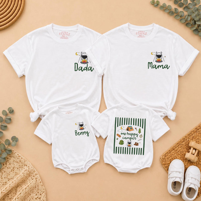 One Happy Camper 1st Birthday Outfit Set with Custom Name, Matching Family Camping Shirts and Baby Romper for Cake Smash